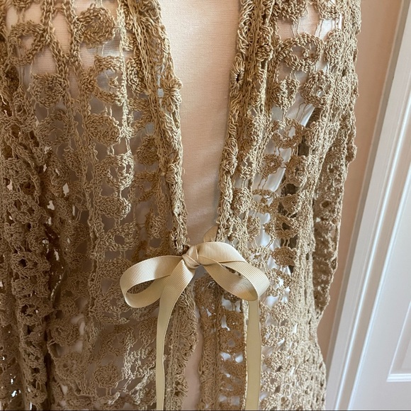 Unique crocheted open front tunic duster. XL. Beige tan. Look closely. - Picture 4 of 8